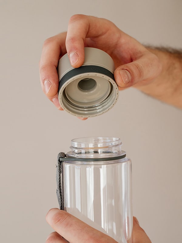 EQUA BPA FREE water bottle, Plain Grey, close up of the lid, grey color