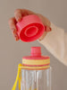 EQUA BPA FREE water bottle, Flamingo, close up of the lid and mouthpiece, pink and yellow color