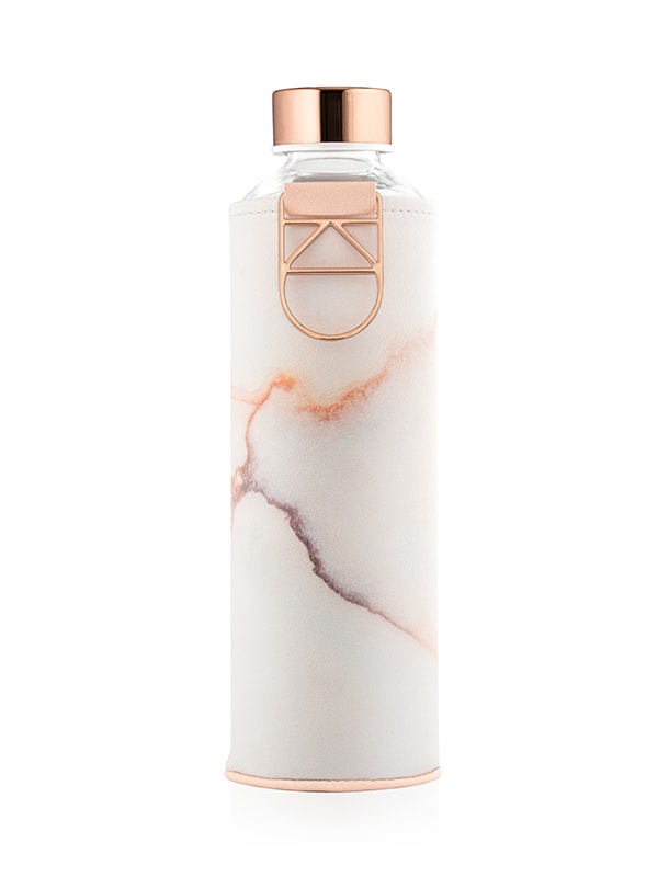 Lava Glass Water Bottle by EQUA with Rose Gold lid and holder. Faux leather cover with marble print.