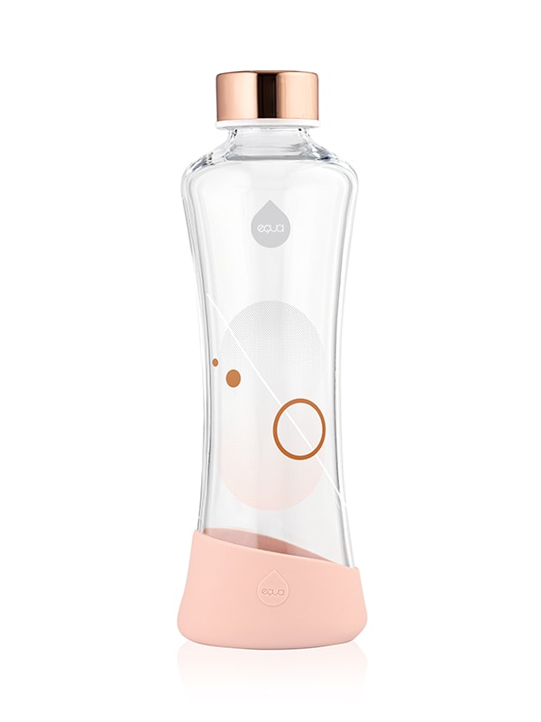 EQUA Metallic rose gold glass water bottle on white paper