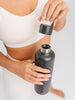 Stainless steel water bottle EQUA Dark in 1000 ml volume. Opening mouth visable along with easy to carry handle.
