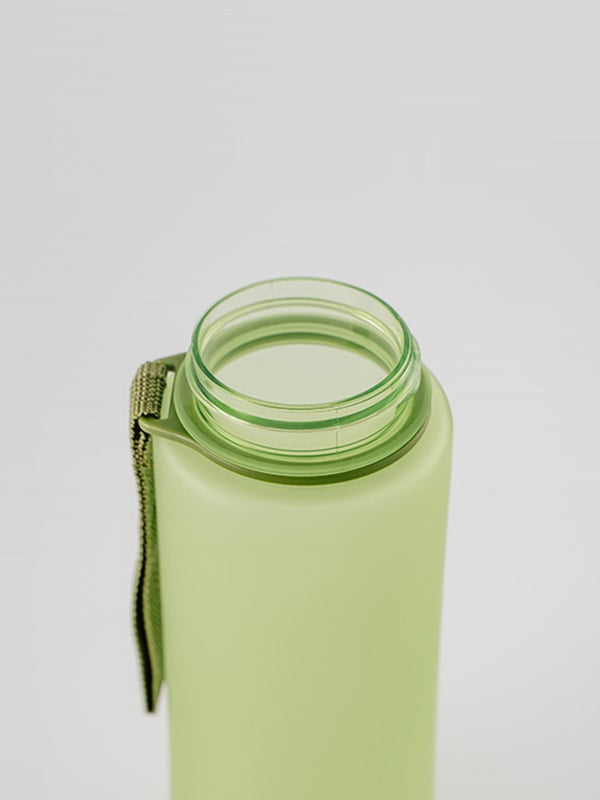 Green water bottle with green strap without lid