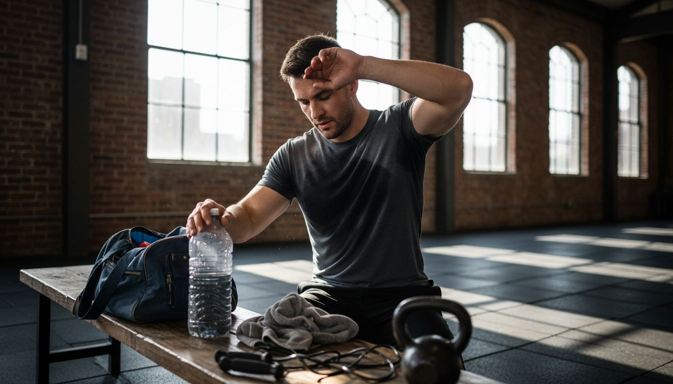 Athlete reaching for water bottle at gym