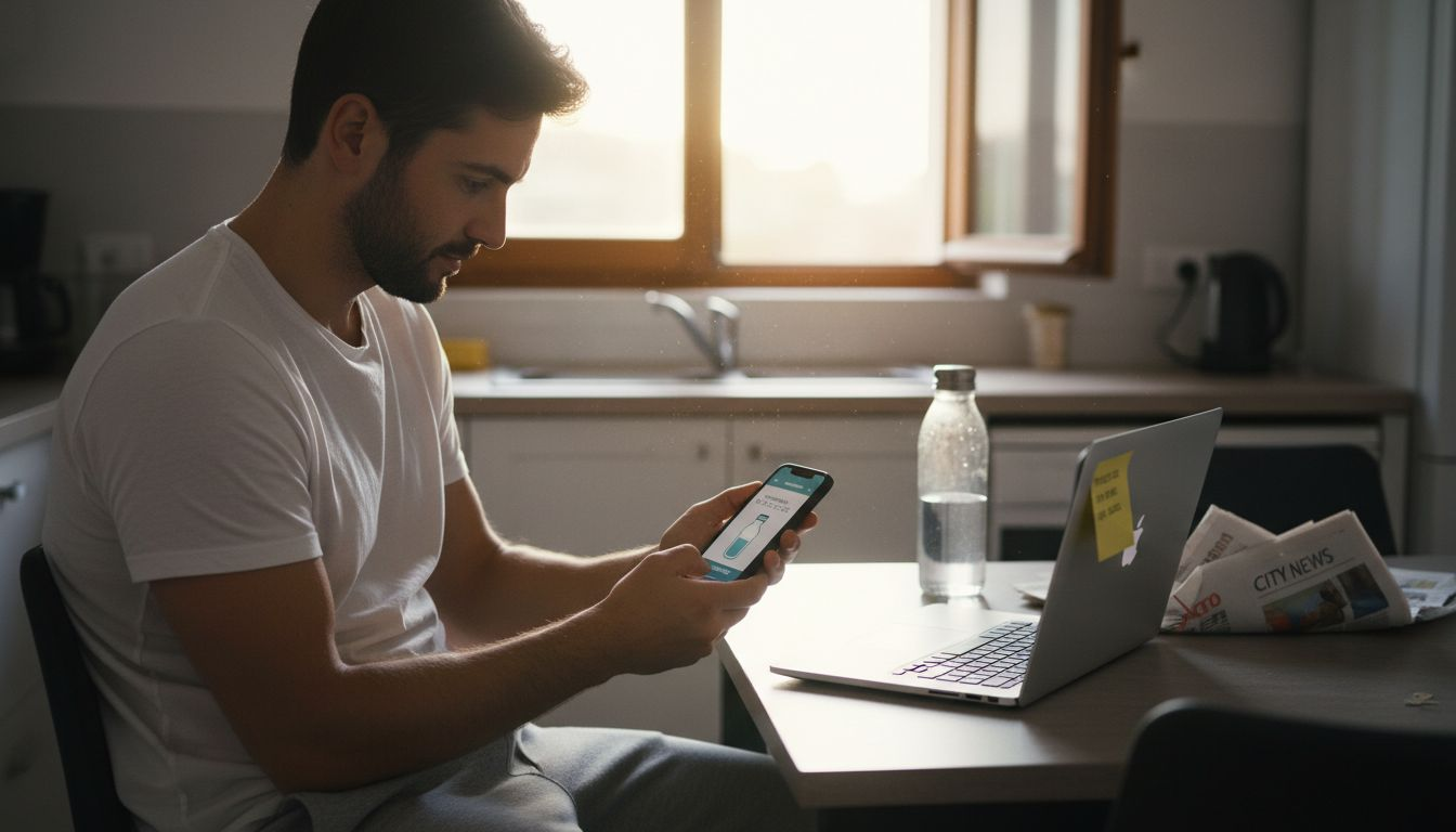 Person checking hydration tracker app at home