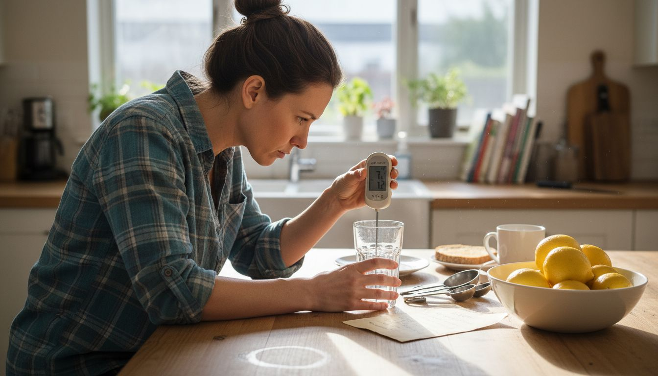 Woman checking water pH at kitchen island
