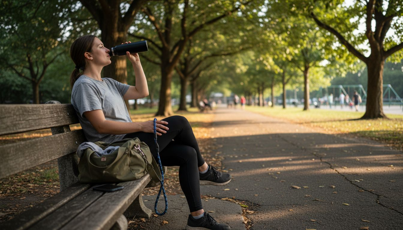 Woman hydrating at park bench outdoors
