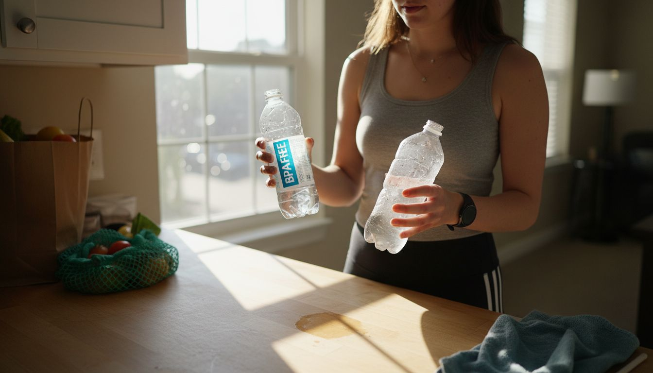 Woman choosing BPA-free water bottle in kitchen