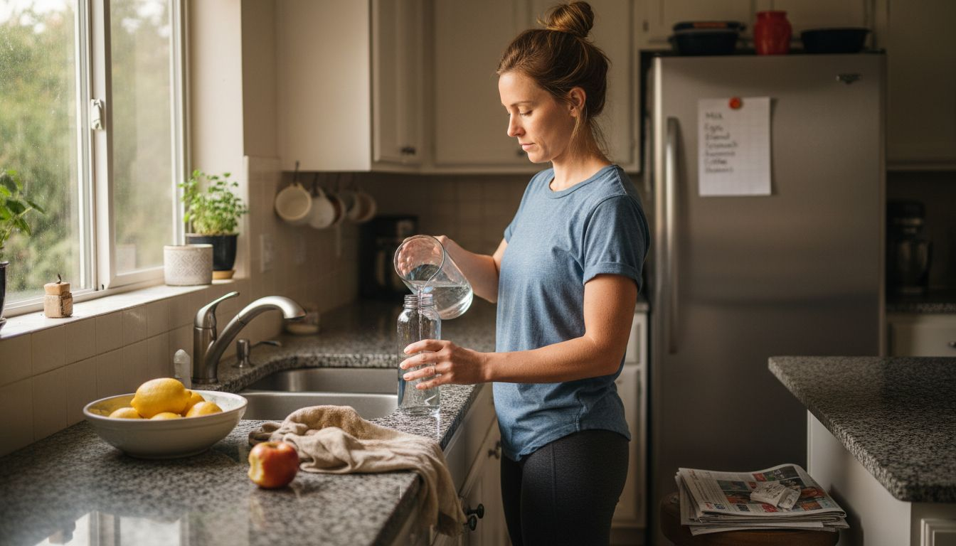 Morning hydration routine in real kitchen scene