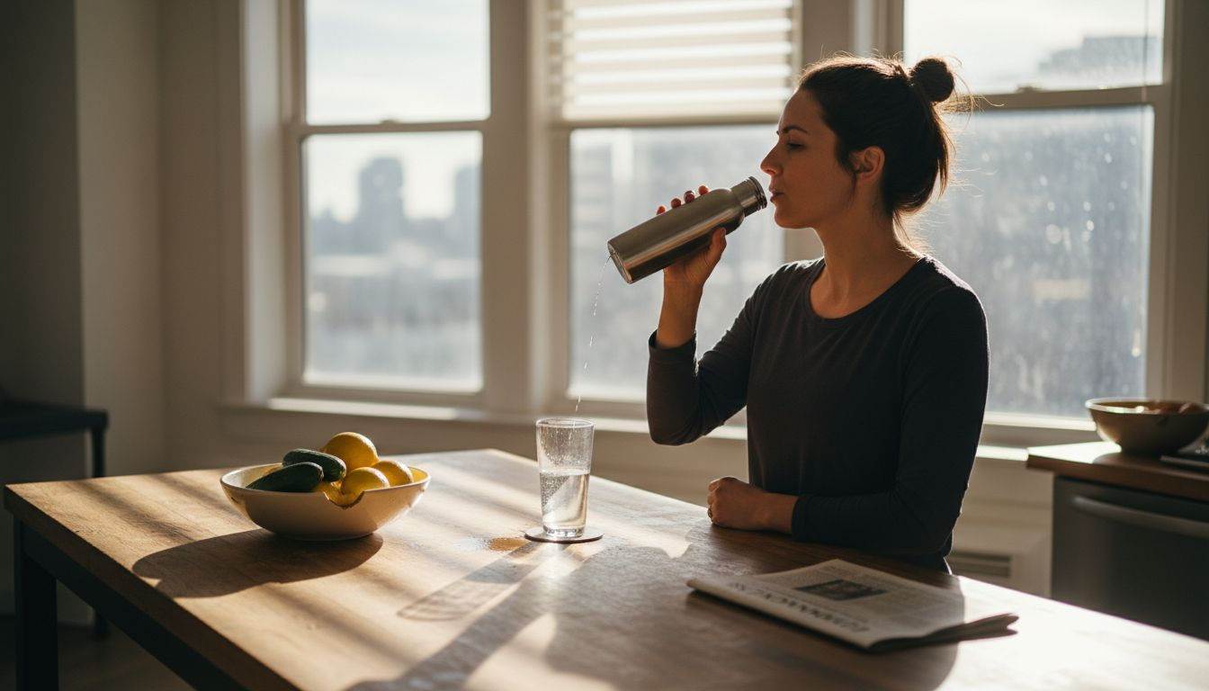 Woman sipping water in bright city kitchen
