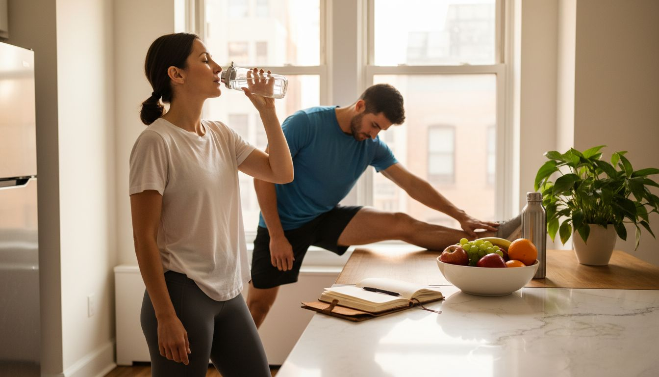 People practicing wellness in home kitchen morning