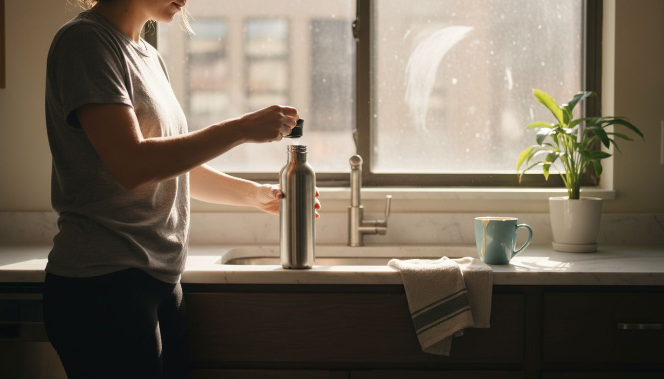 Woman fills reusable bottle at kitchen sink