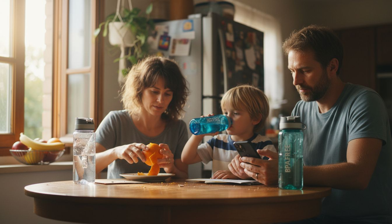 Family using BPA-free bottles at kitchen table