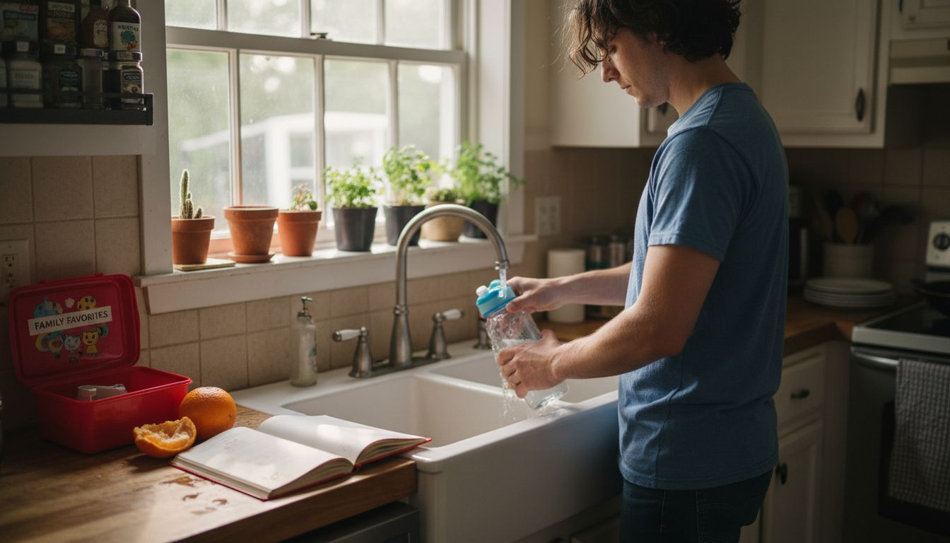 Parent rinsing BPA-free bottle in kitchen