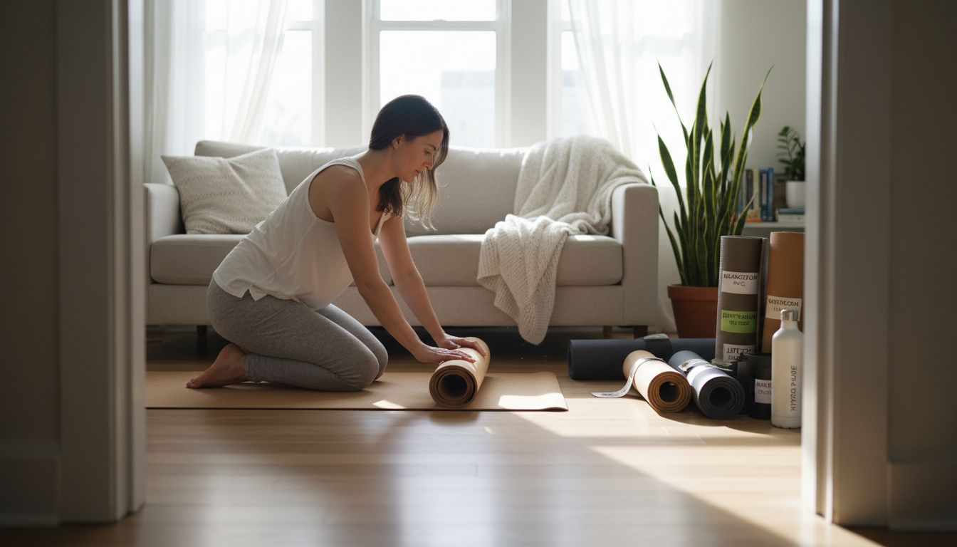 Woman with several yoga mats in home practice