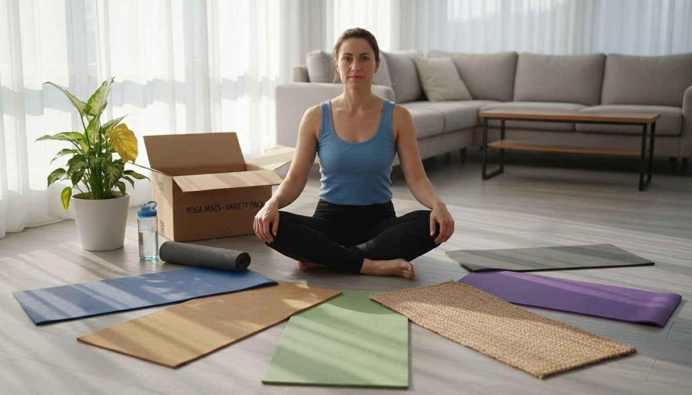 Woman sitting amid seven types of yoga mats