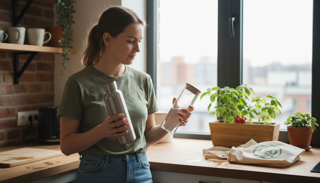 Woman comparing eco-friendly bottles at kitchen counter