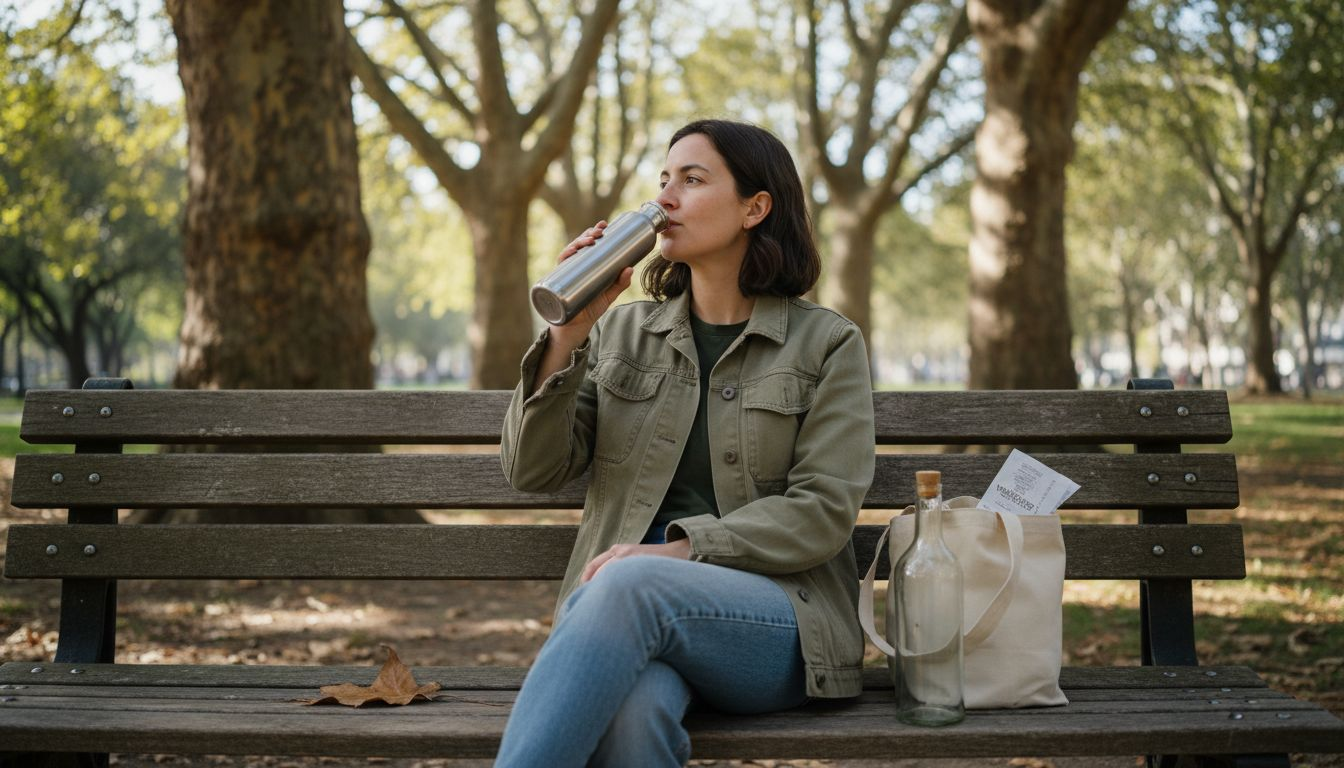 Woman using stainless steel reusable bottle outdoors