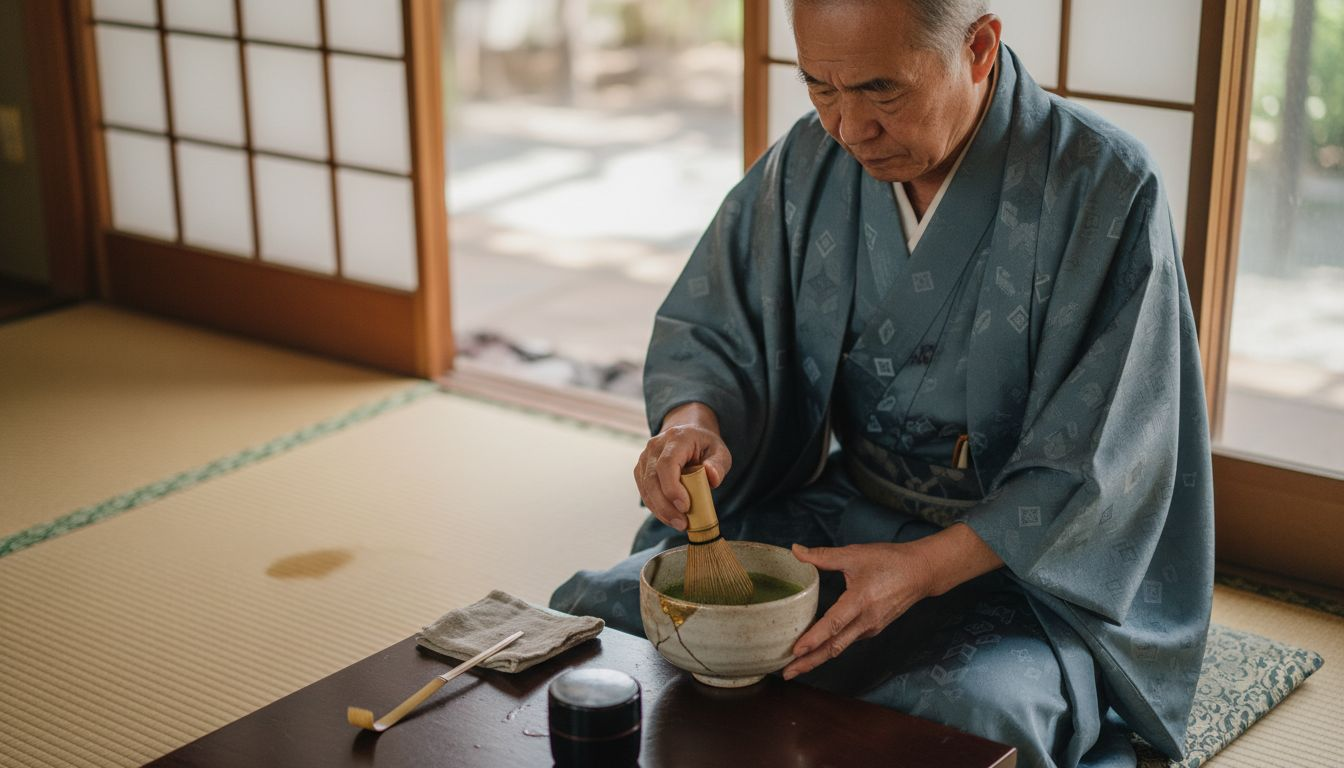 Japanese tea master preparing matcha on tatami mat