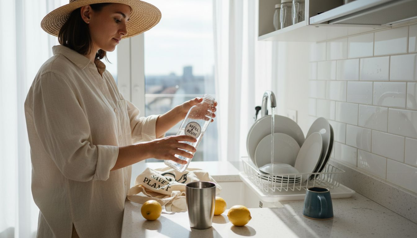 Woman filling eco-friendly glass bottle at home