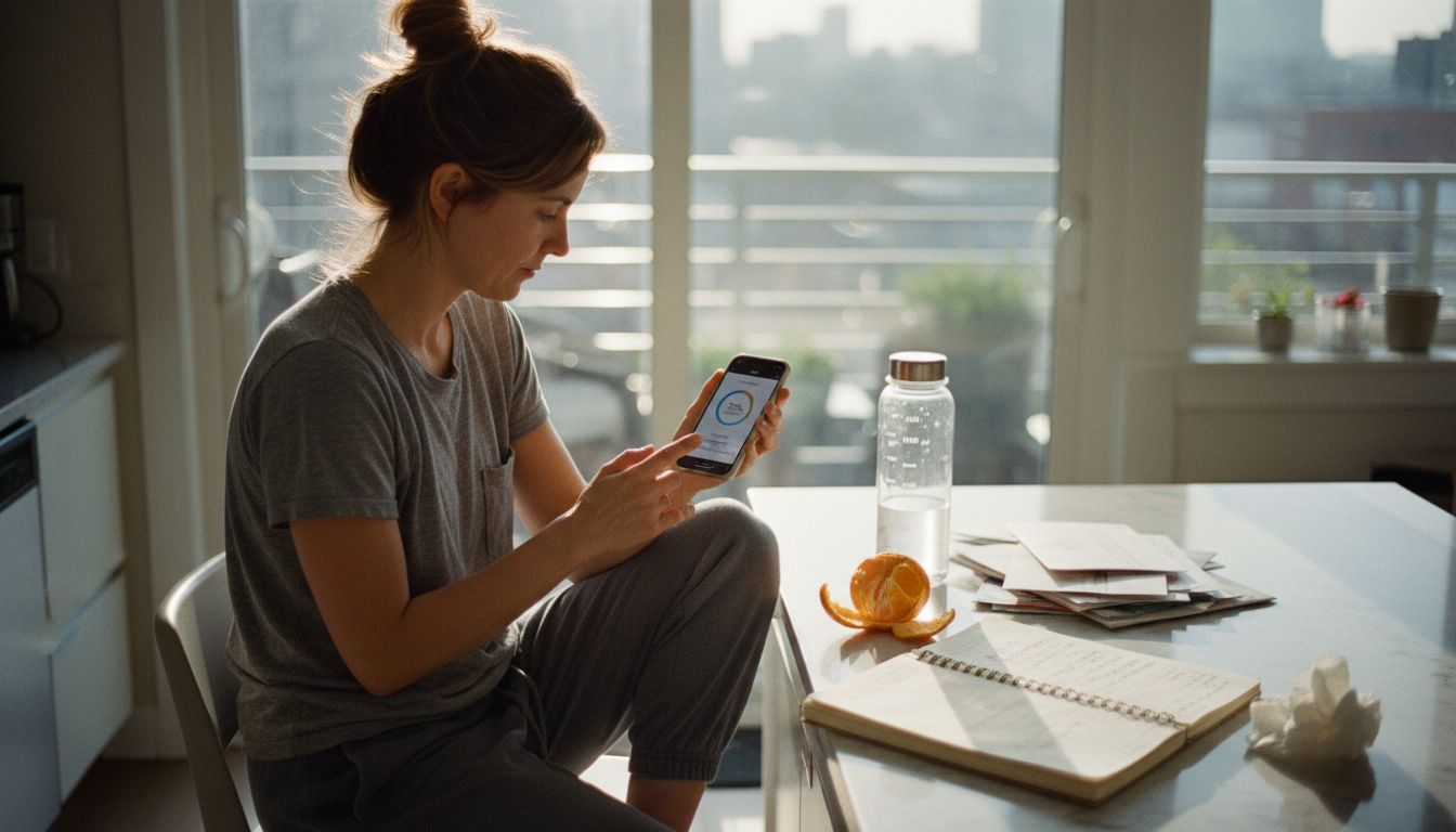 Woman tracking water intake in bright kitchen