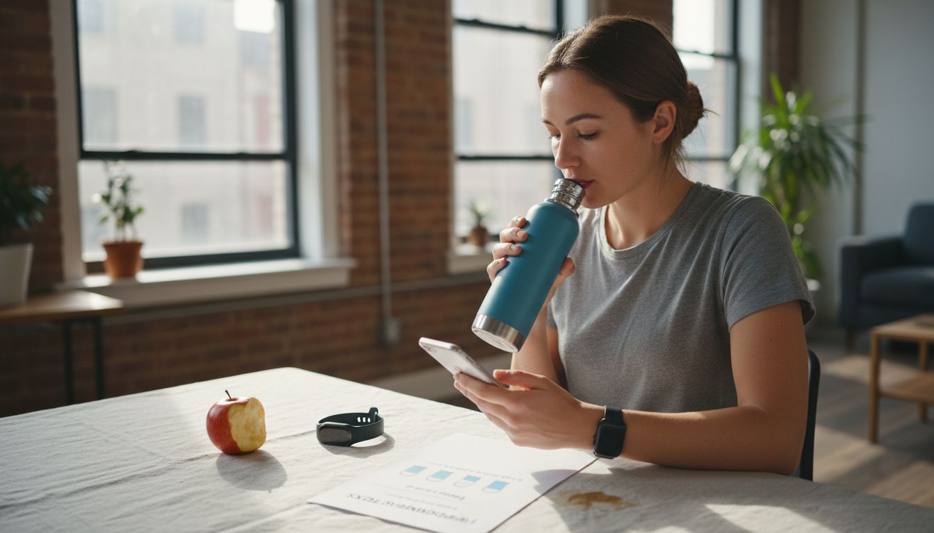 Woman logging daily water intake kitchen table