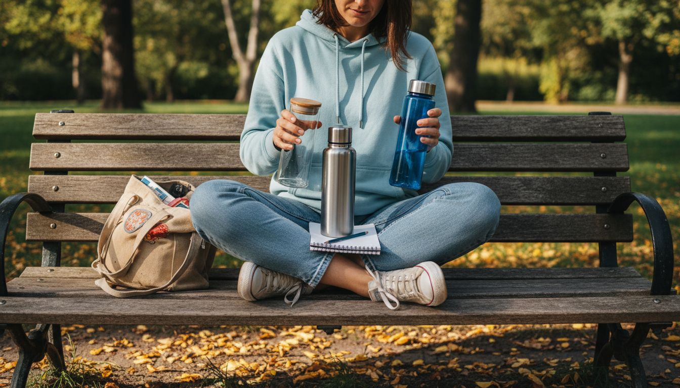 Woman comparing three types of hydration bottles