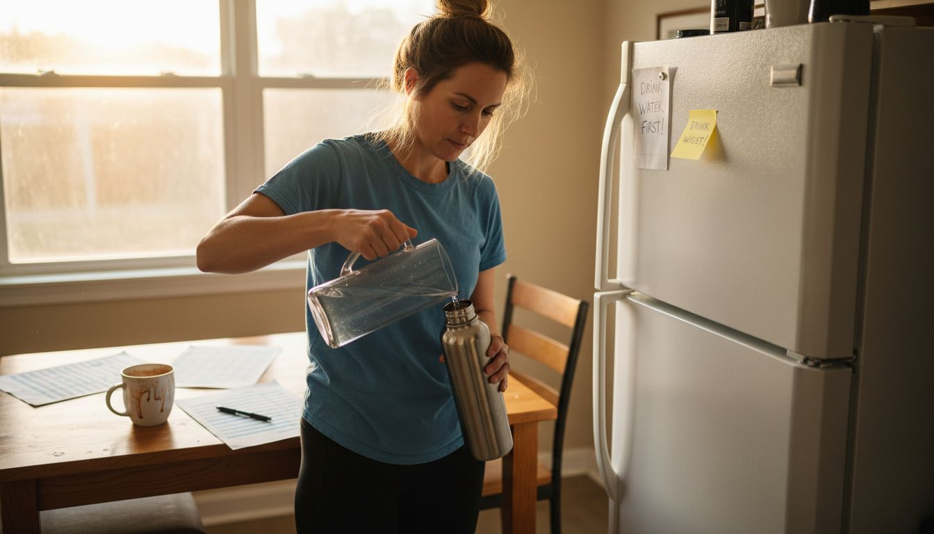Woman updating hydration tracker in kitchen