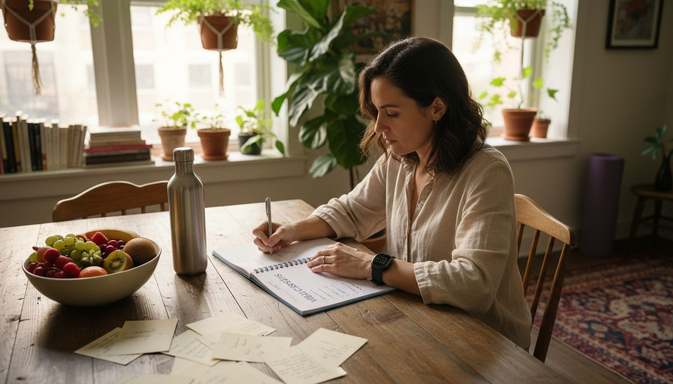 Woman creating wellness checklist at kitchen table