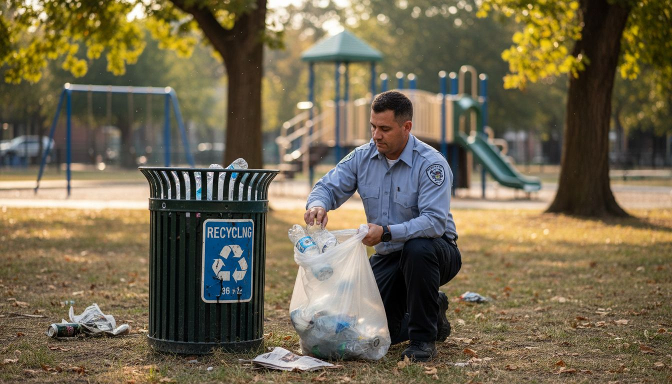Worker collecting plastic bottles in urban park