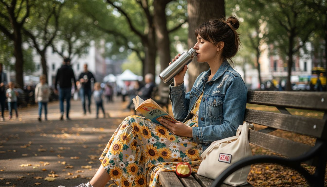 Woman using insulated bottle in city park