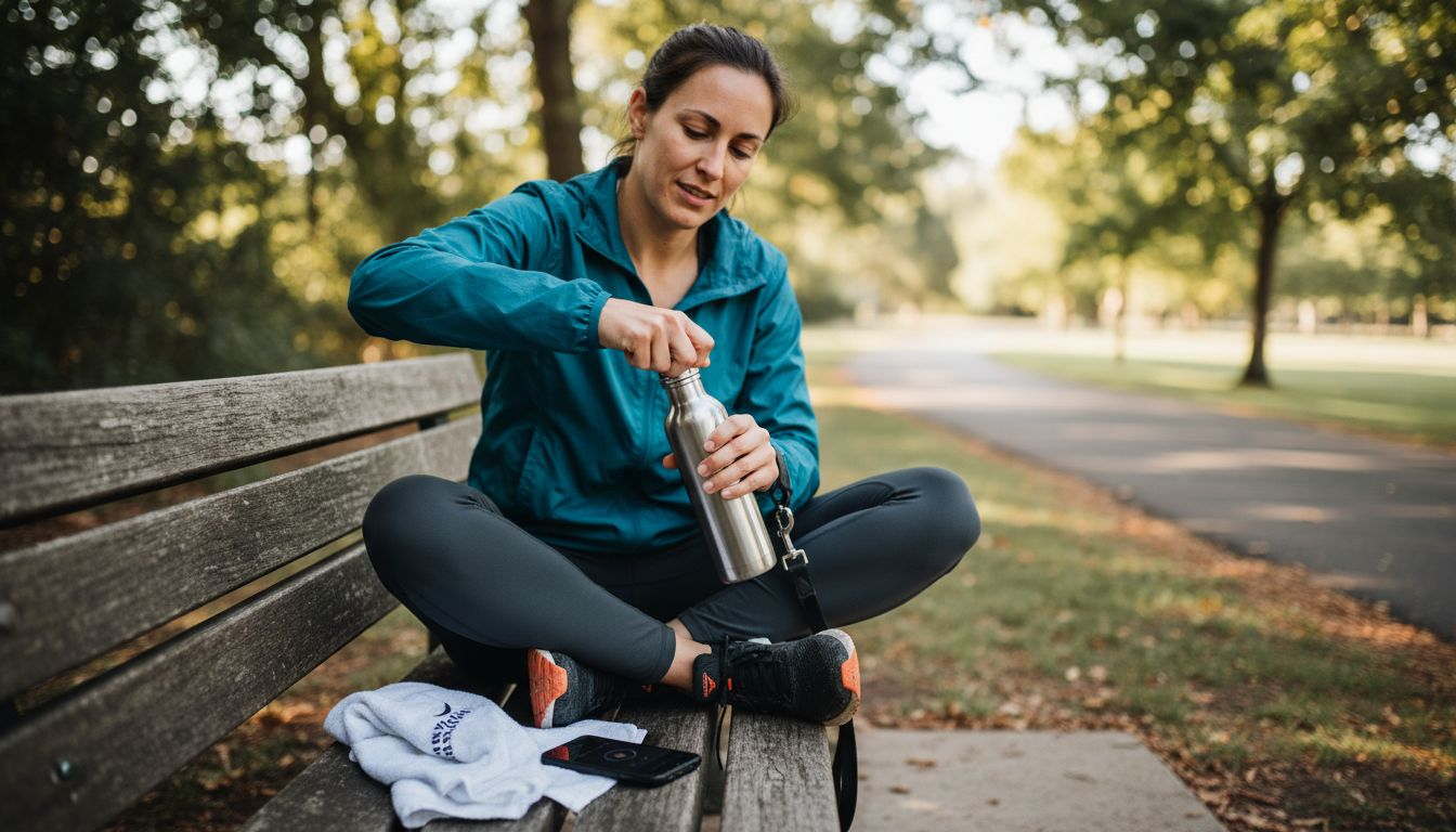Woman opening hydration bottle on park bench