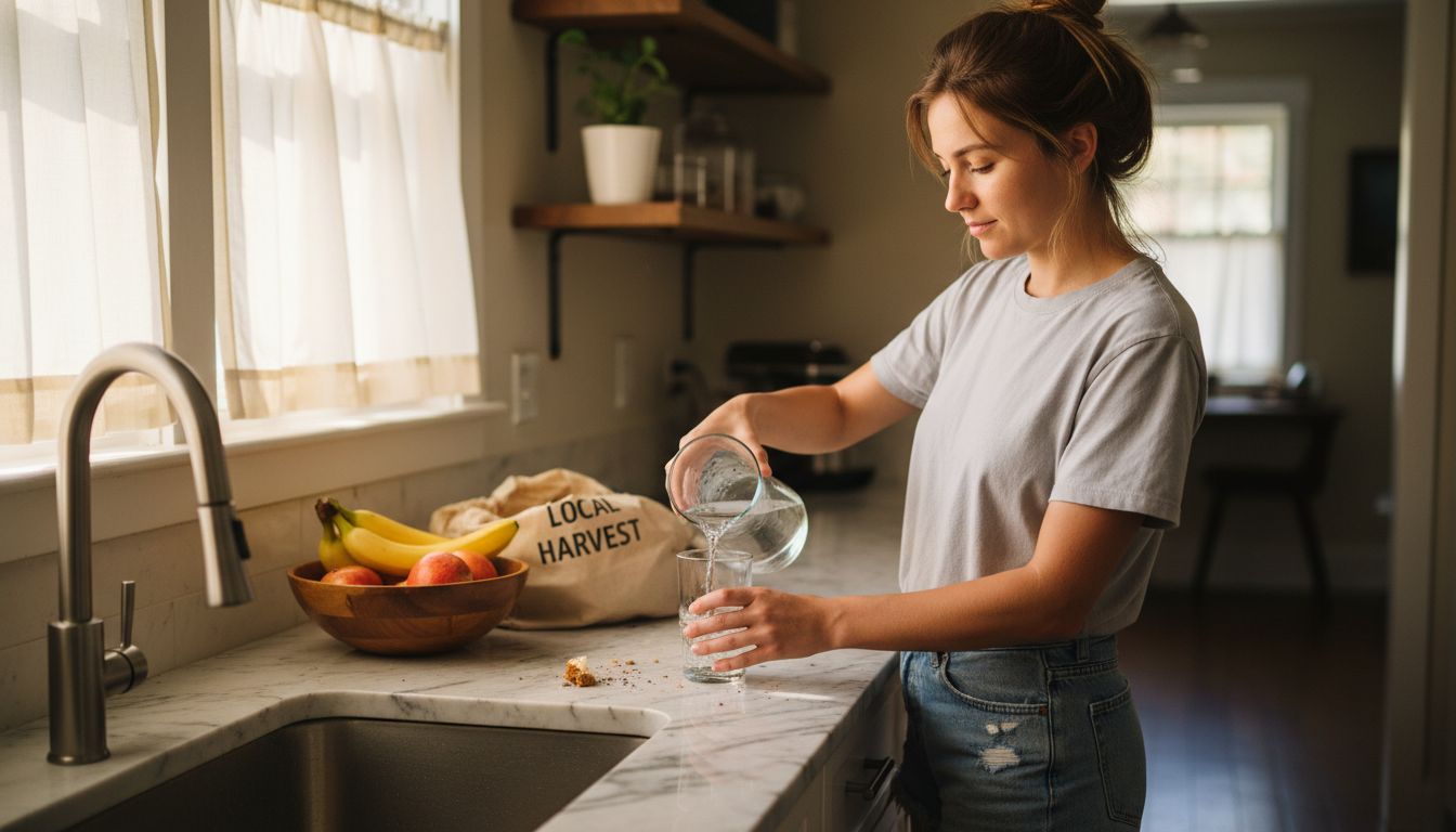 Woman pouring water from glass bottle kitchen