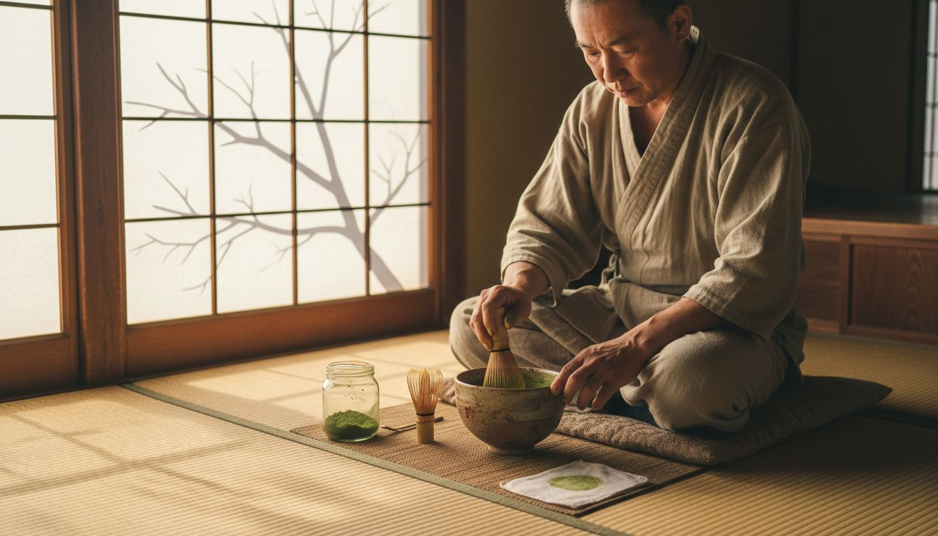 Tea master preparing matcha in Kyoto tea room