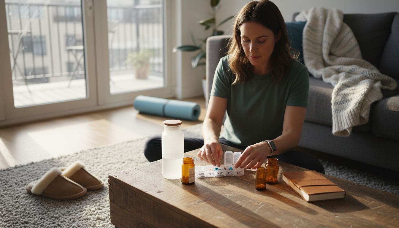 Woman organizes self-care and wellness items at home