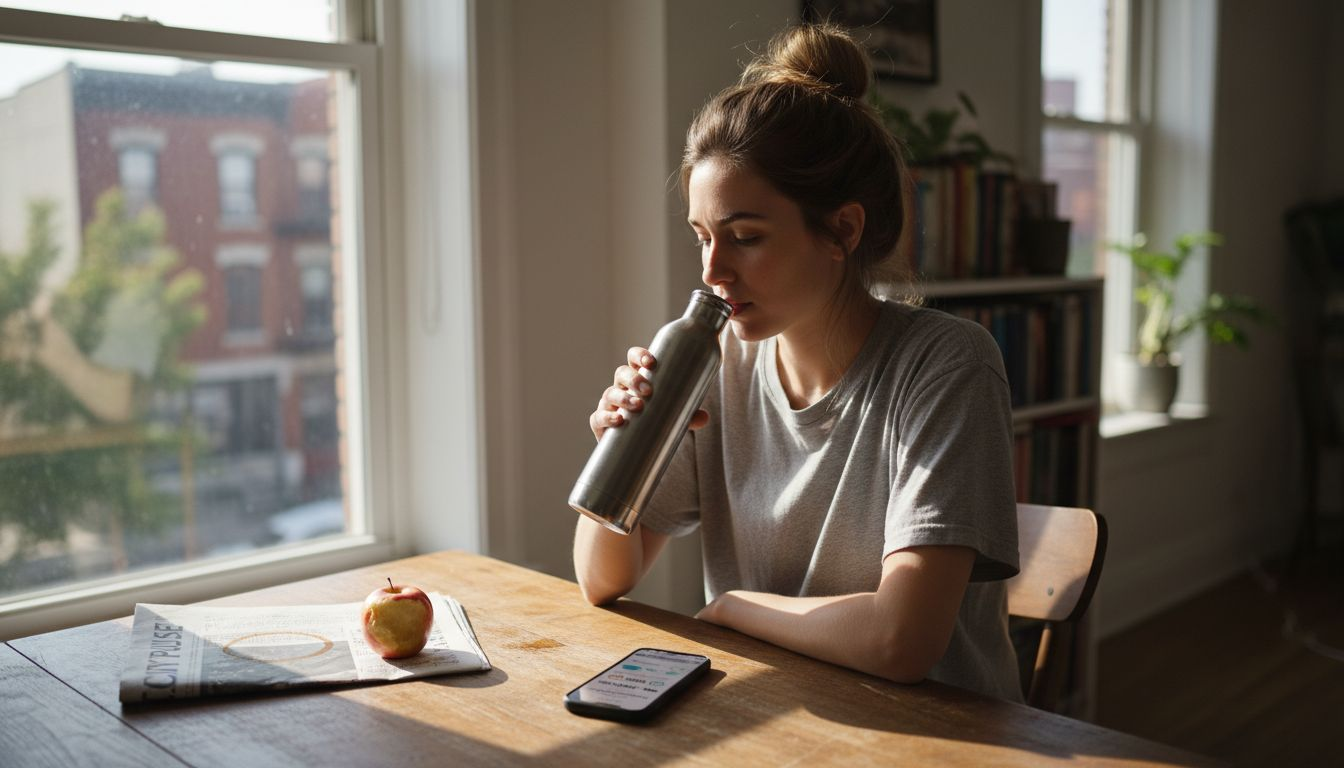 Woman with reusable bottle at breakfast table