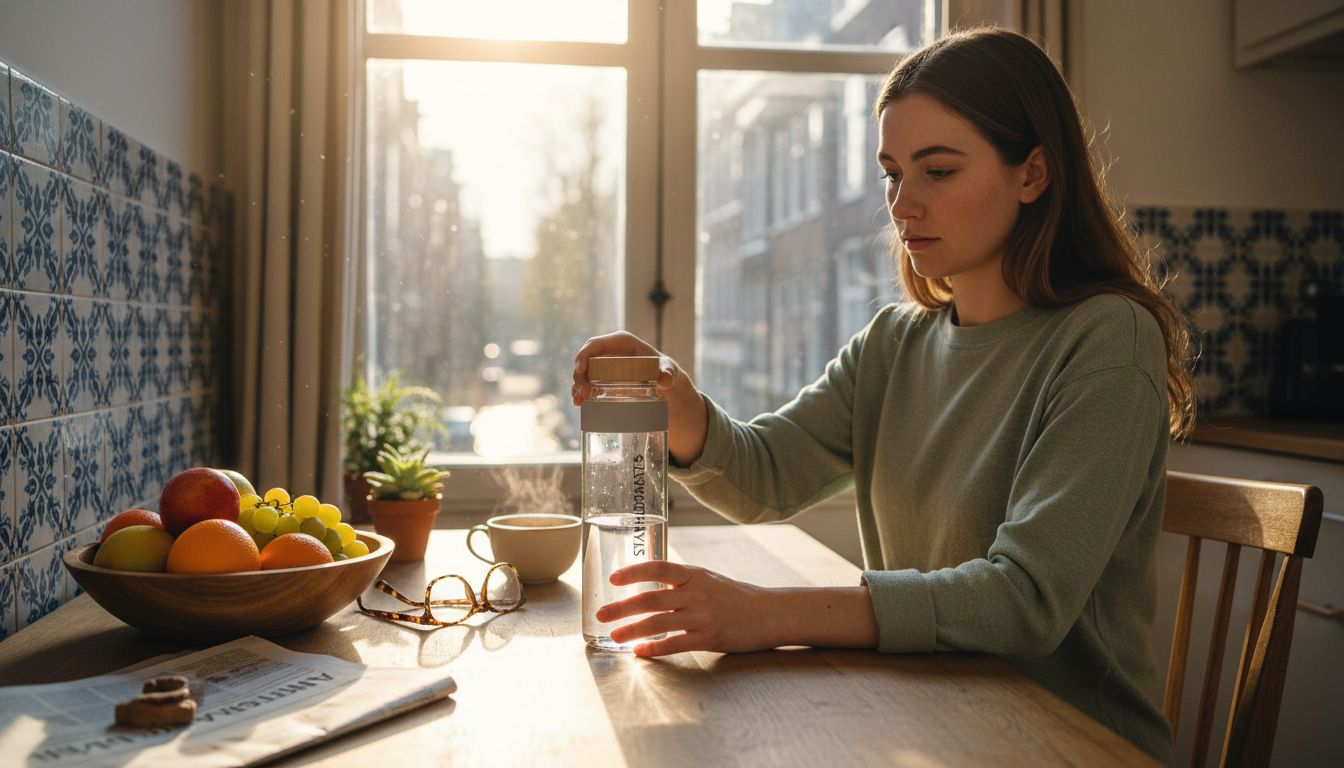 Woman pouring water into glass bottle