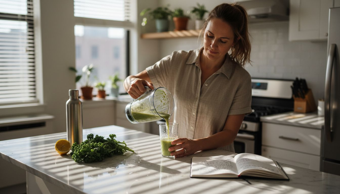 Woman pouring smoothie in bright home kitchen