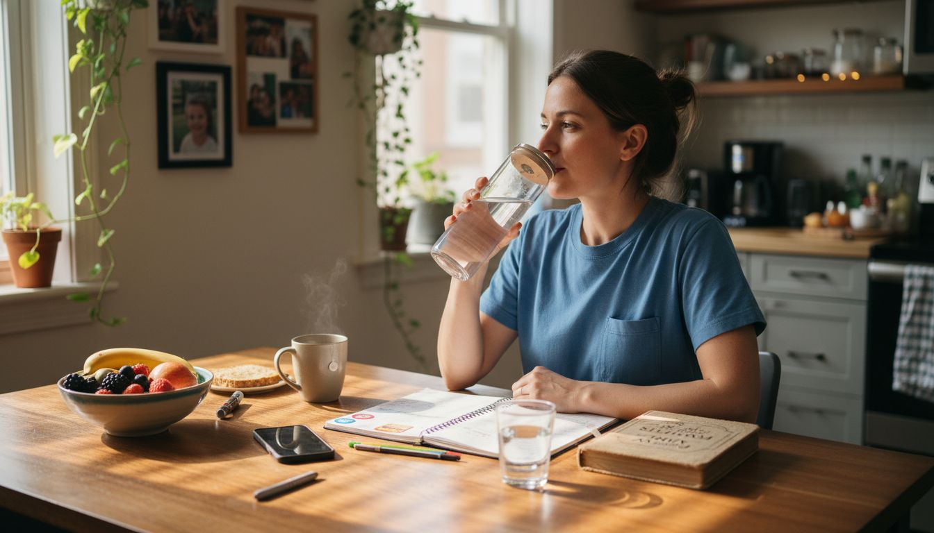 Woman drinking water during morning routine