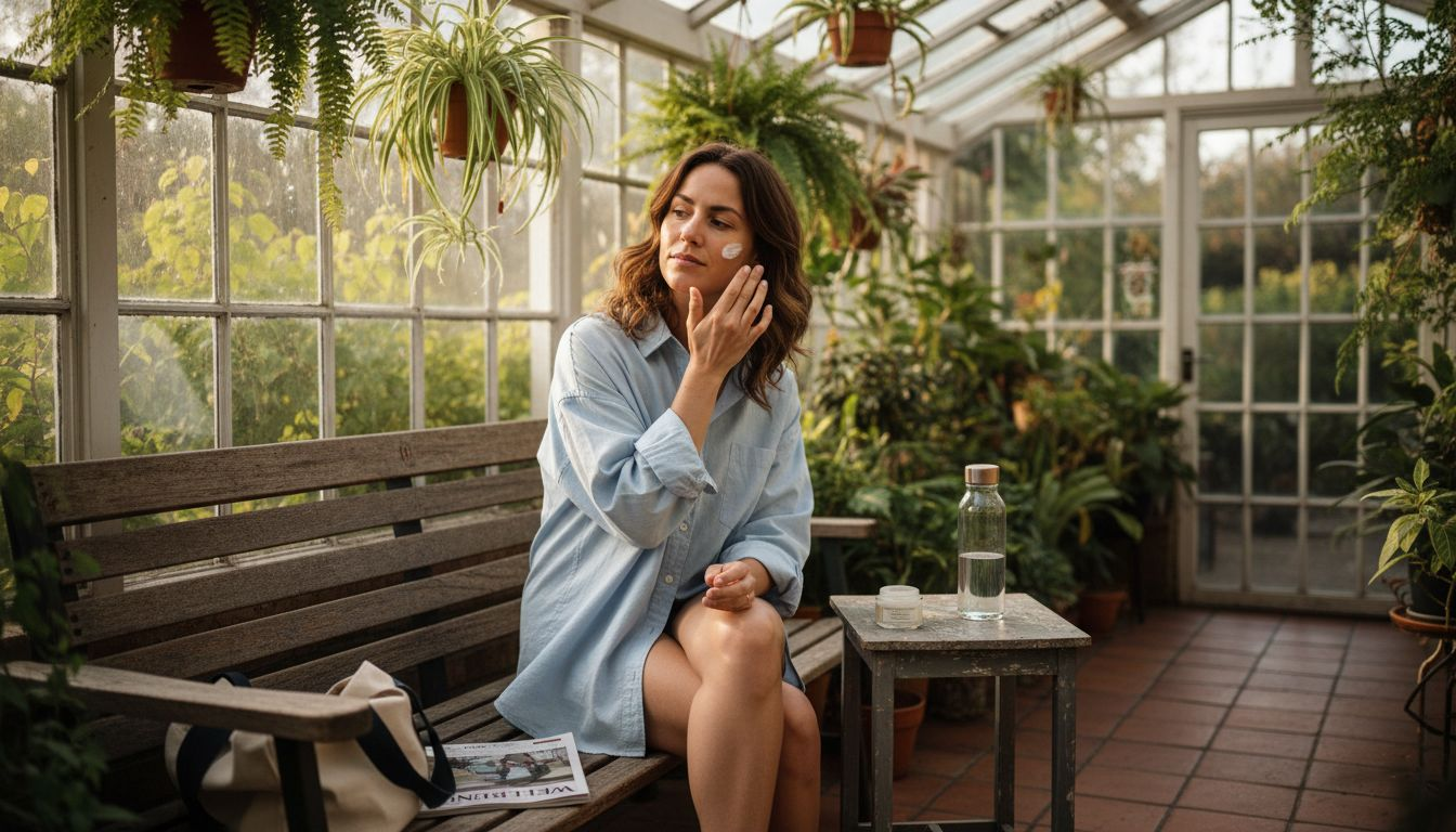 Woman moisturizing face in a sunny room