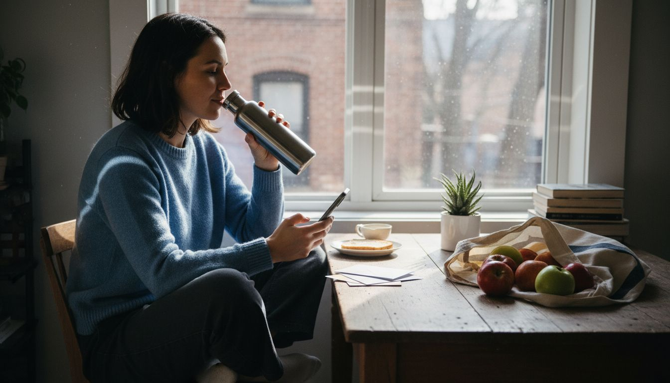 Woman using stainless steel bottle at kitchen table