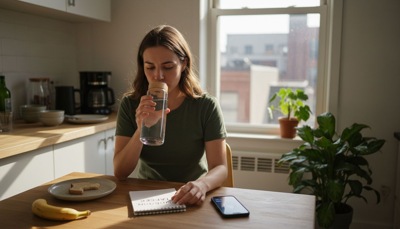 Woman tracking hydration at kitchen table