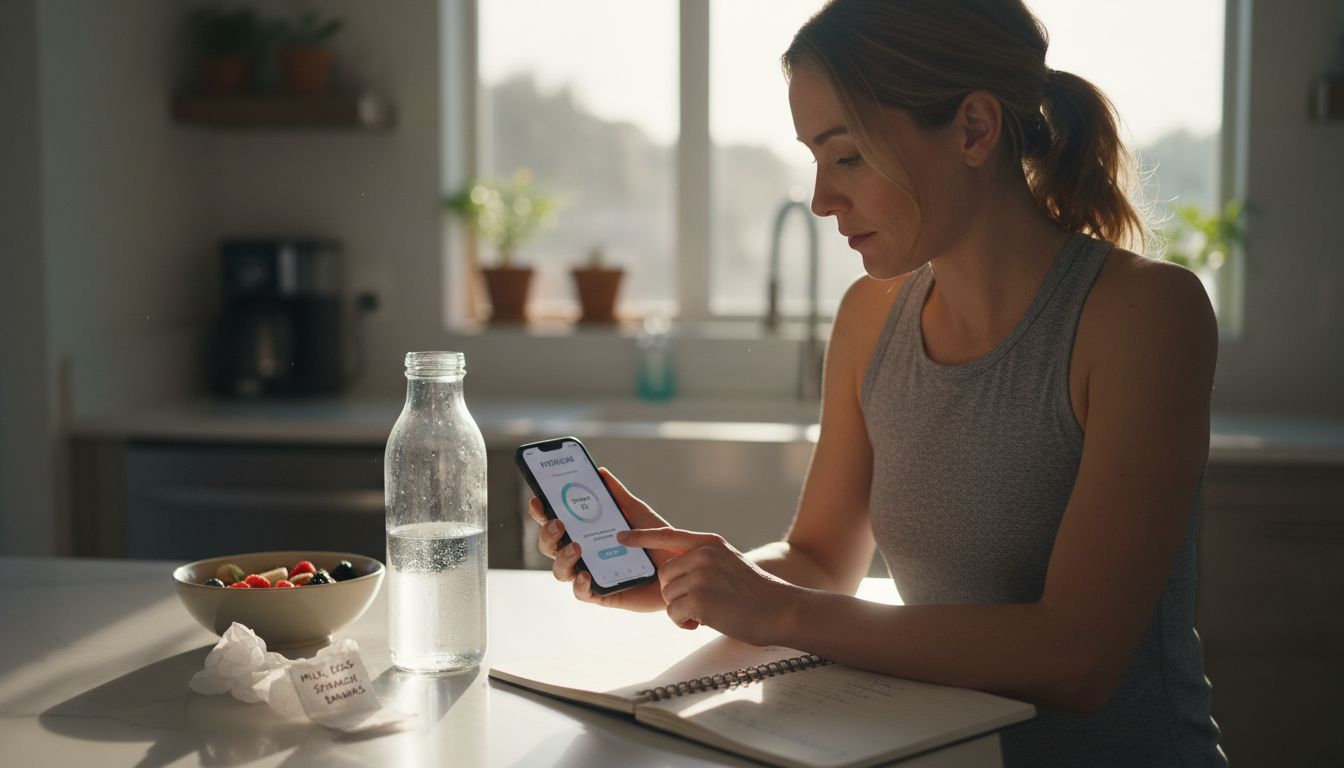 Woman tracking hydration at kitchen table