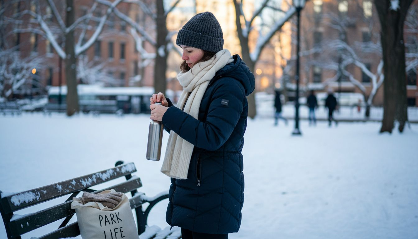 Woman drinking water outdoors in winter city