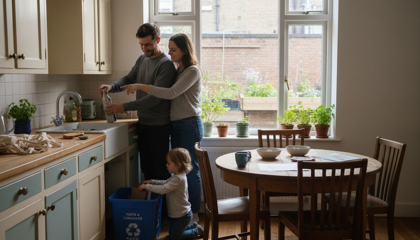 Family practicing eco-friendly morning kitchen routine