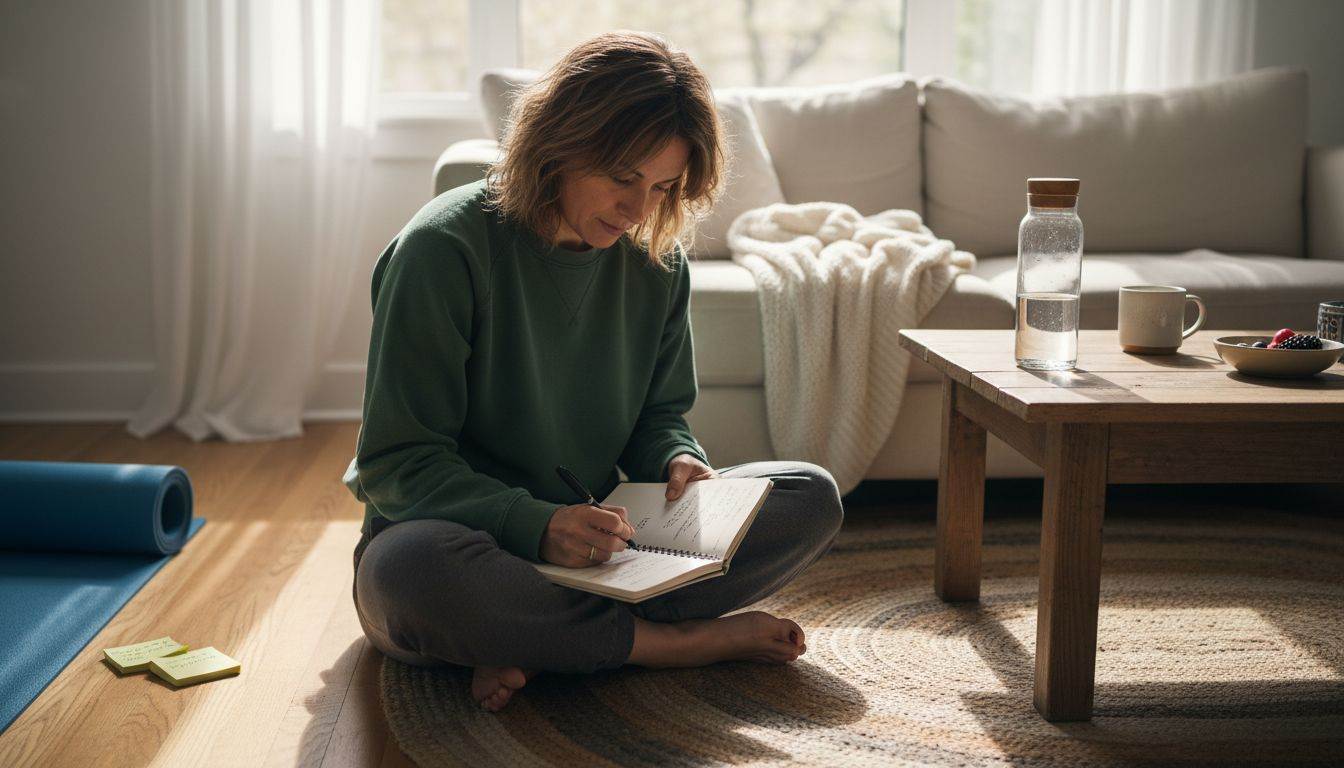 Woman journaling for wellness self-care routine