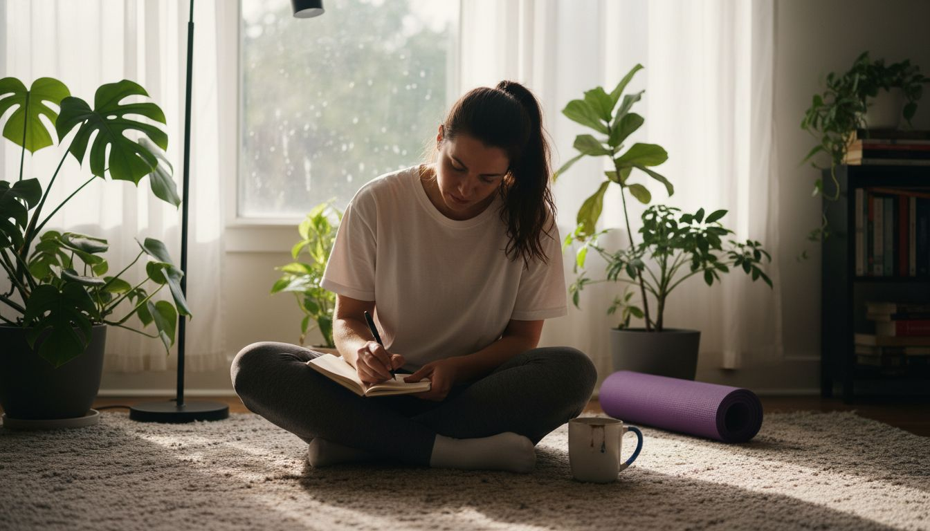 Woman journaling intentions in cozy home corner
