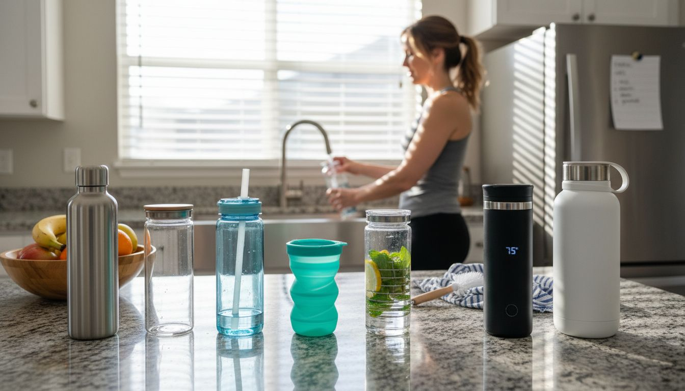Assorted hydration bottles on sunlit kitchen counter