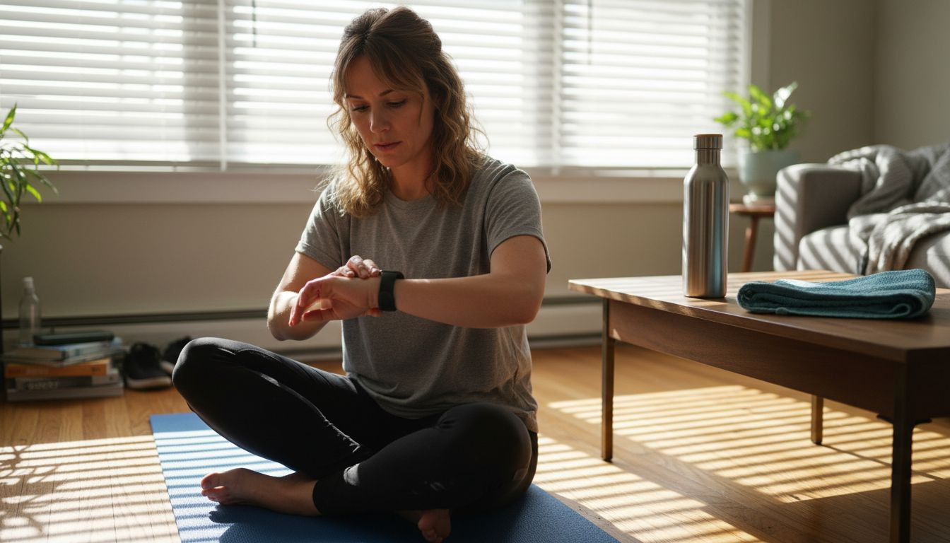 Woman uses yoga mat and smartwatch at home
