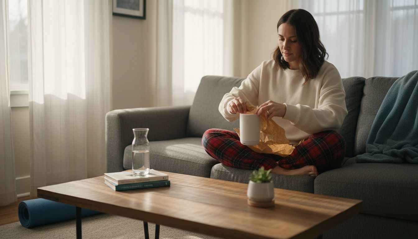 Woman opening wellness gift in sunlit living room