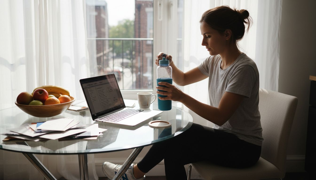 Woman filling reusable hydration bottle at kitchen table